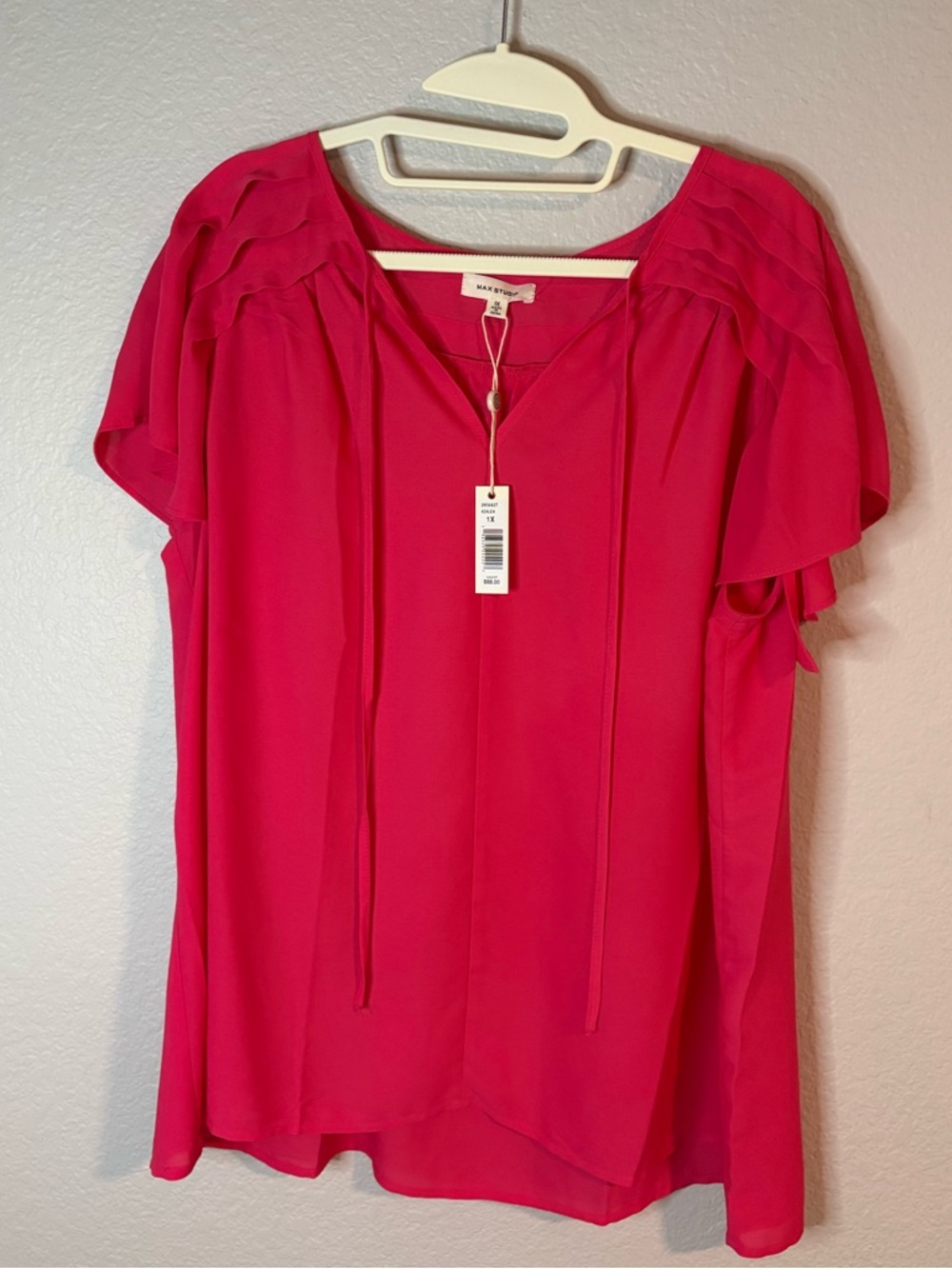 Max Studio Fuchsia Tie-Neck Flutter Sleeve Blouse